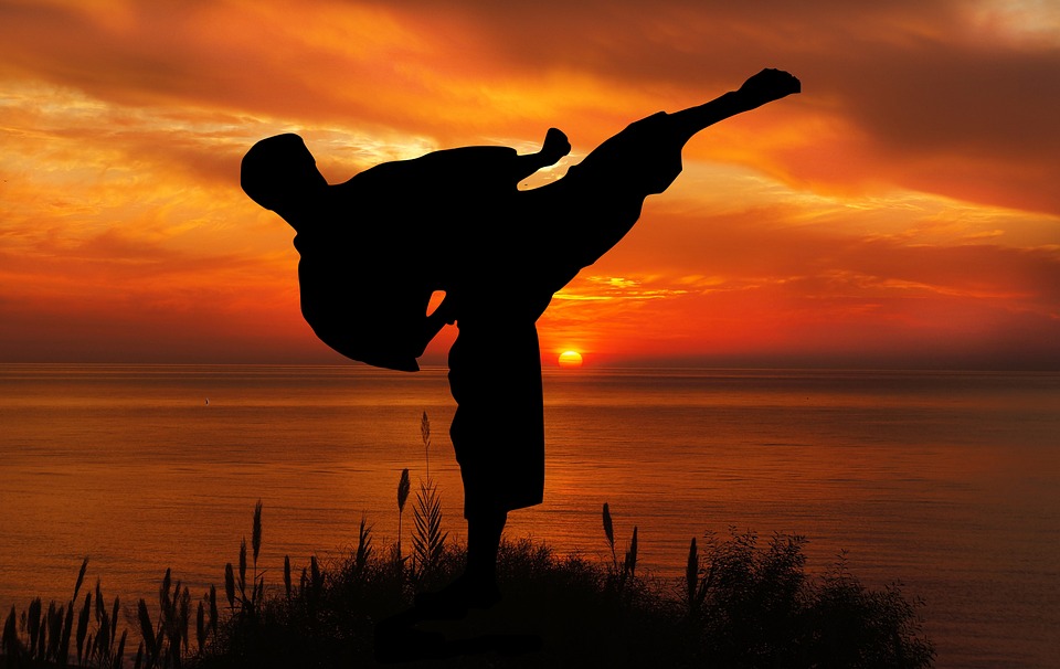 Sunset silhouette karate kick, representing Basic Self-Defense Techniques